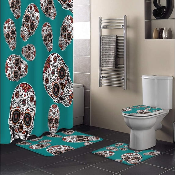 FMSHPON Halloween Theme 4 Piece Bathroom Set Shower Curtain Bath Rug Contour Mat and Toilet Lid Cover
