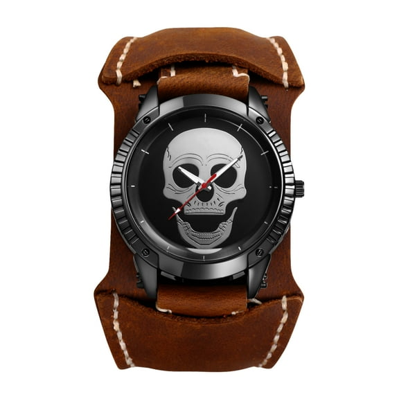 Avaner Steampunk Leather Watch for Men: Analog Quartz Watch with Wide Leather Strap, Large Dial Bar Scale with Skull Decoration - for Gifts