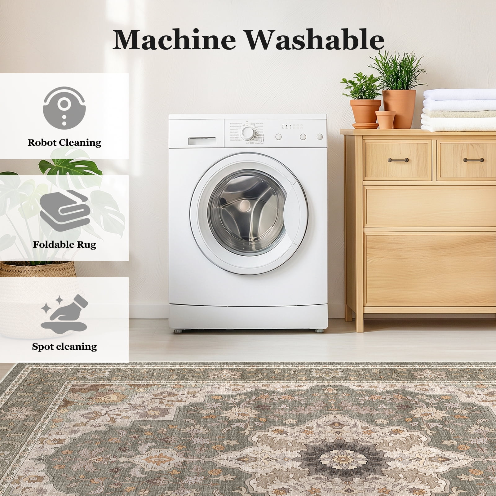 CHITOOMA 8'x10' Area Rugs for Living Room, Boho Machine Washable Floral Area Rug with Non-Slip Backing, Stain Resistant Non-Shed Carpet for Bedroom, Dining Room, Dorm, Office