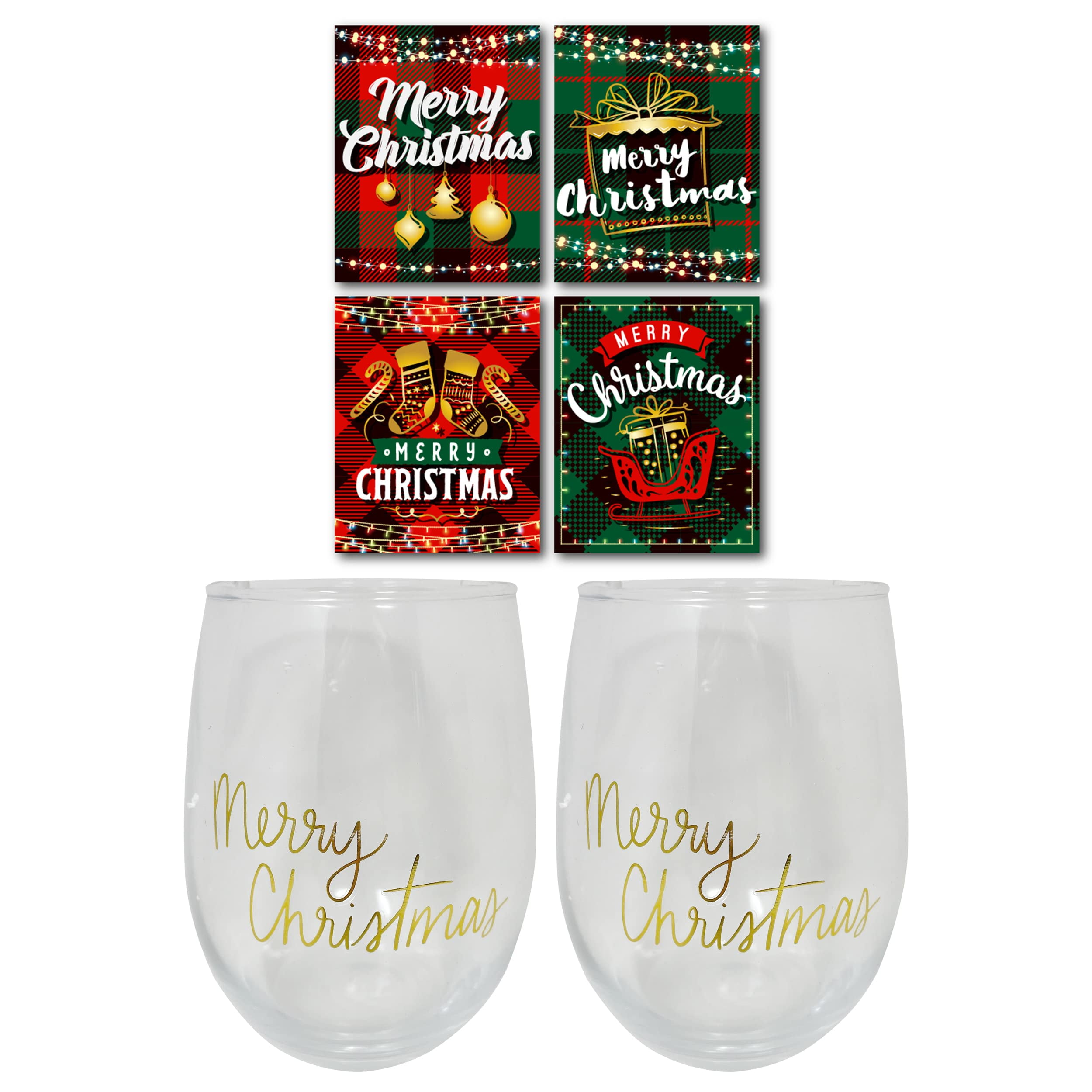 Christmas Wine Glasses with Holiday Wine Labels (Set of 2 17oz