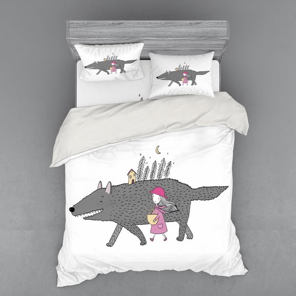 Ambesonne Fantasy Bedding Set 4 Pcs, Girl with a Giant Wolf, Queen, Pink Grey Peach