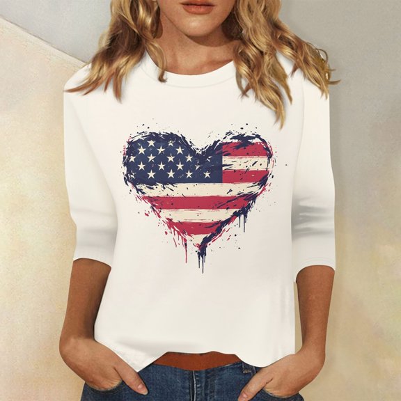 Women's Casual American Flag Heart Graphic T-Shirt, Patriotic Short Sleeve Loose Fit Top for Independence Day Beige L