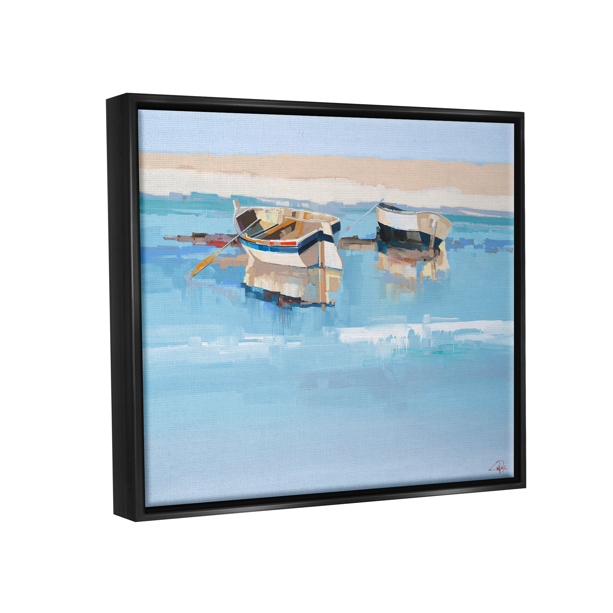 Stupell Industries Boats on Shore Painting Transportation Painting Black Floater Framed Canvas Art Print Wall Art, 21 x 17