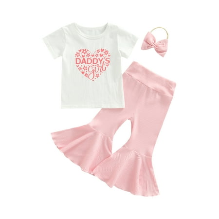

Bagilaanoe 3Pcs Toddler Baby Girl Mother s Day Father s Day Clothes Sets Short Sleeve Letter Print T-Shirt Tops+Ruffle Bell Bottoms Flare Pants +Headband