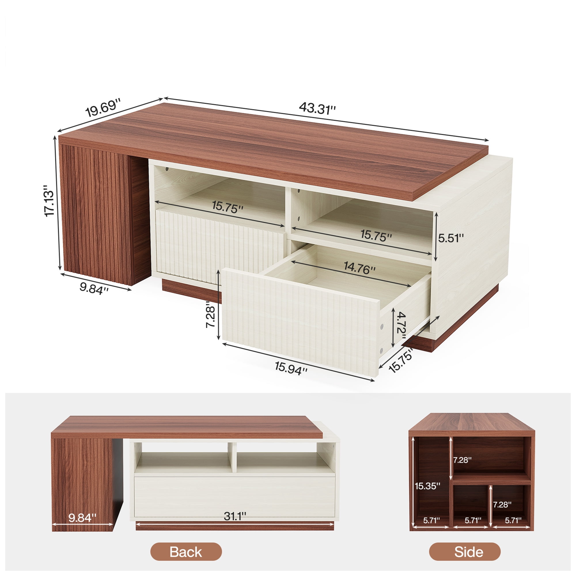 MAYEETY Extendable Coffee Table Reversible Tabletop with 2 Drawers Living Room Center Table
