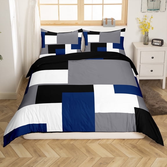 Erosebridal Blue Rectangle Comforter Cover Twin,Geometric Sqare Bedding Twin Size,Abstract Artwork Duvet Cover Twin,Super Cozy Plaid Bedroom Decorative(No Comforter),Reversible,3pcs