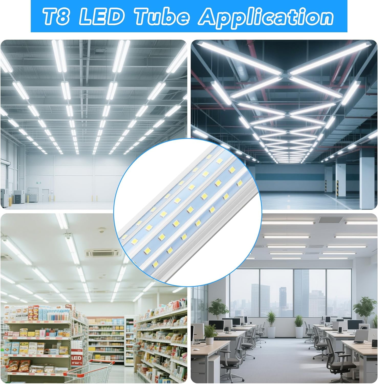 T8 4ft LED Shop Light Fixtures,Linkable, U Shape 4Rows, 60W 6000K Cold White,6Pack