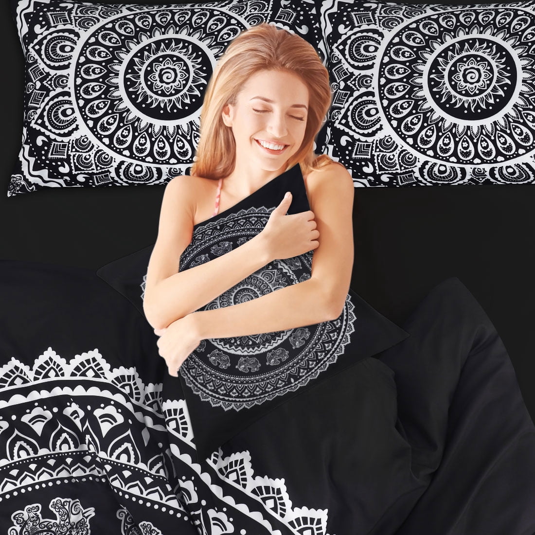 PiccoCasa 5-Piece Bohemian Duvet Cover Set Polyester Bedding Set Queen Black
