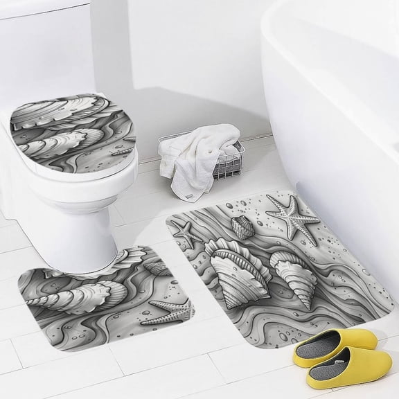 Beach Seashell Starfish Bathroom Rug Set of 3, No Silp Washable Cover Floor Rug Decorations for Kitchen Bathroom Bedroom