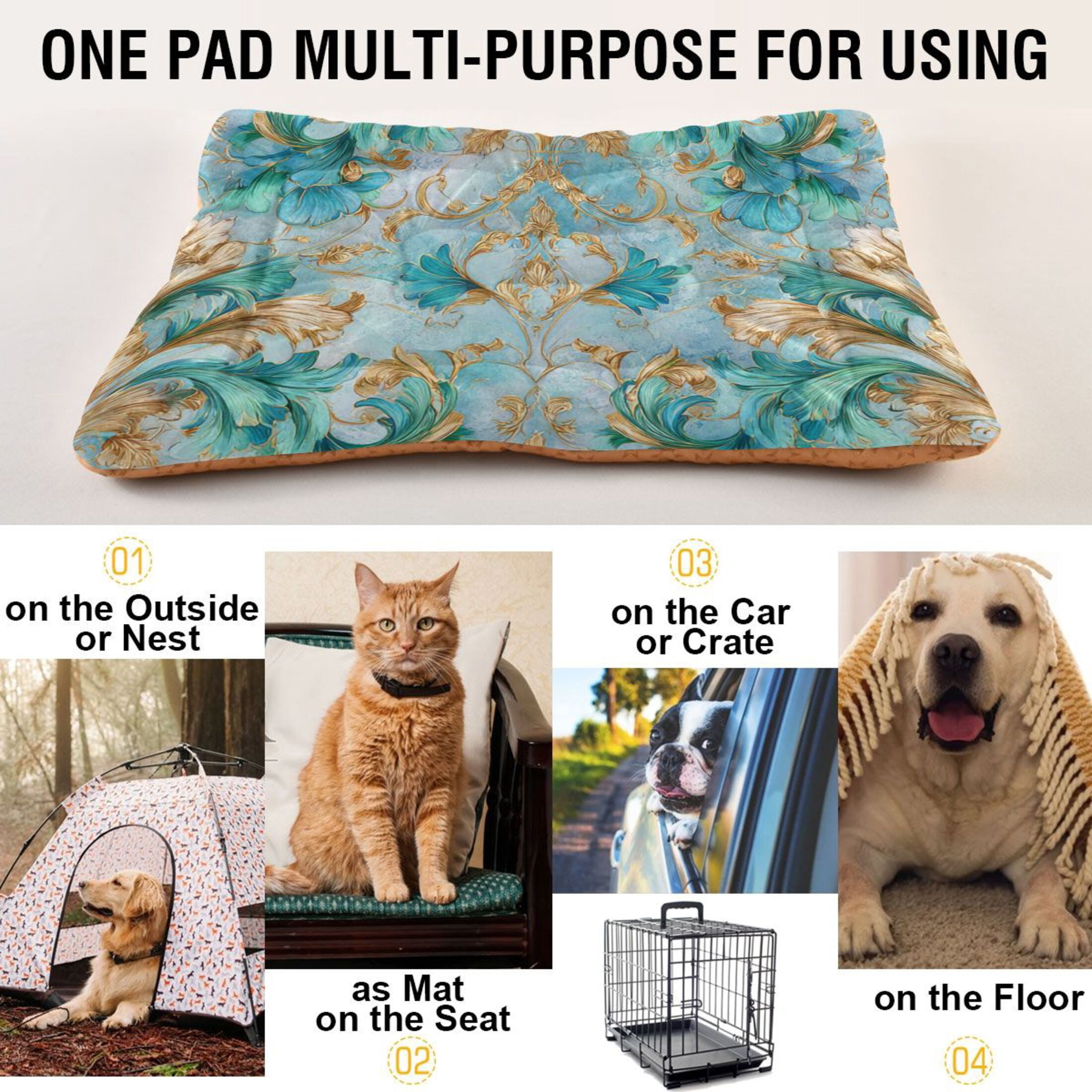 Cozy Mat Pet Bed Indoor Outdoor Warm Soft For Cat Dog Puppy(S/M) Featuring Ornate Floral Motifs