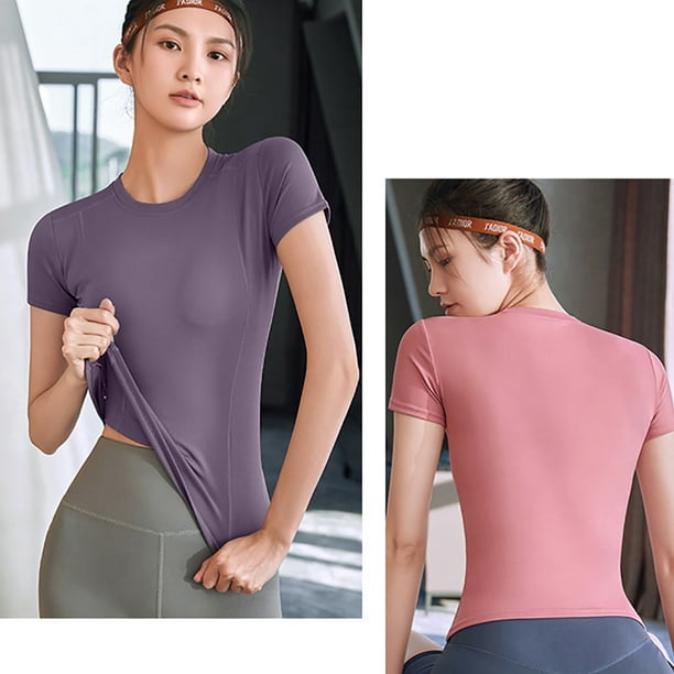 Women Sports Shirt Stretchy Short Sleeve Tight Fitting Tops Athletic  Workout Running Yoga T-Shirt 