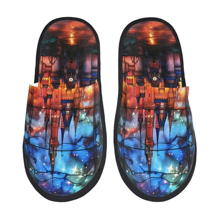 Balery Magical Stained Glass Castle Slient Indoor Furry Fleece Comfort House Shoes Soft Non-Slip Home Shoes Cotton slippers House Slippers-- Medium