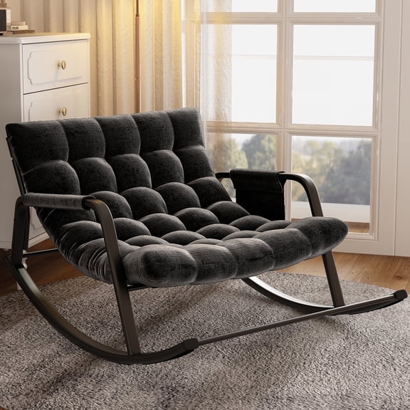 iooHug Grand patio Outdoor Rocking Chair, Oversized Papasan Rocking Chair 400 lbs, Modern Cozy Lounge Rocker Chair with Cushion for Balcony Porch, Patio, Living Room, Bedroom, Garden, Black