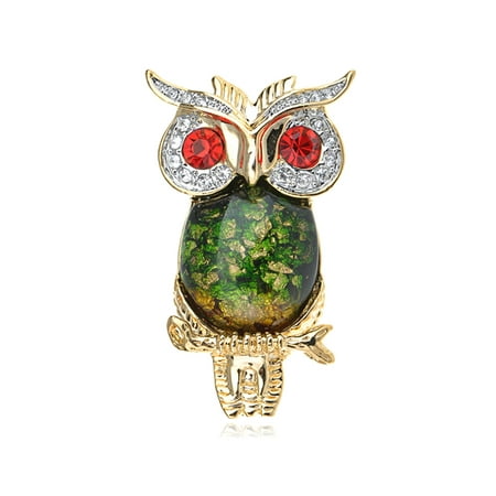 - Ruby Red Crystal Rhinestone Eye Green Gold Tone Foil Bead Owl Bird Pin Brooch