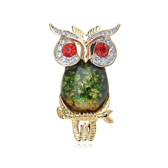 Ruby Red Crystal Rhinestone Eye Green Golden Tone Foil Bead Owl Bird Pin Brooch
