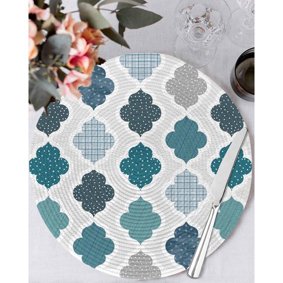 13 Inch Round Placemats Set of 4, Bohemia Non Slip Heat Insulation PP Table Mats, Vintage Moroccan Geometric Pattern Blue Green Gray Washable Place Mats for Kitchen Dining Party Table Decor