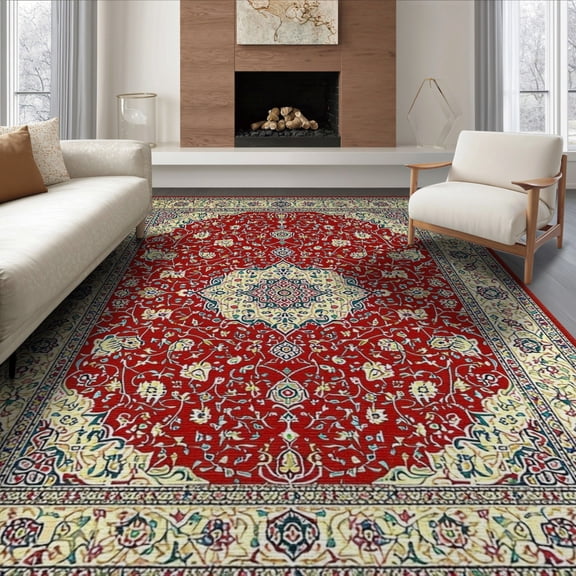 ODIKA 8'x10' Washable Area Rug Boho Vintage Inspired Medallion With Floral Scroll And Border for Living Room, Under Sectional, Family , Durable, Non-Slip
