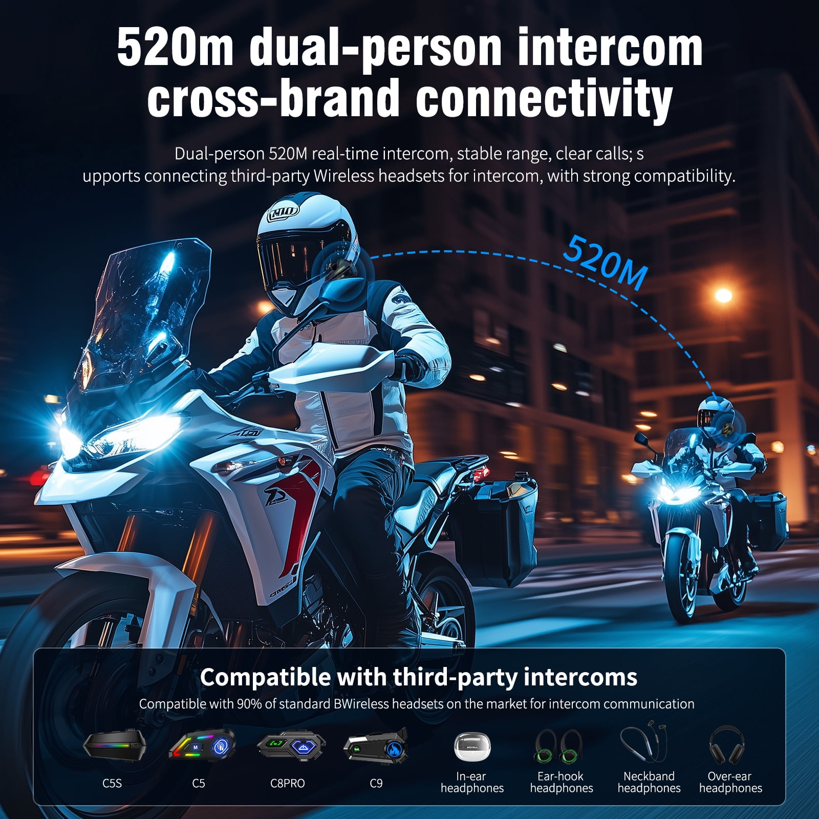Motorcycle Helmet Bluetooth Speakers Headset, 2-Way Helmet Intercom System Headphone with 2 Type Mics, TF Card Slot, Hands-Free FM Music/Call, 1000mAh Battery, IPX6, Noise Cancellation