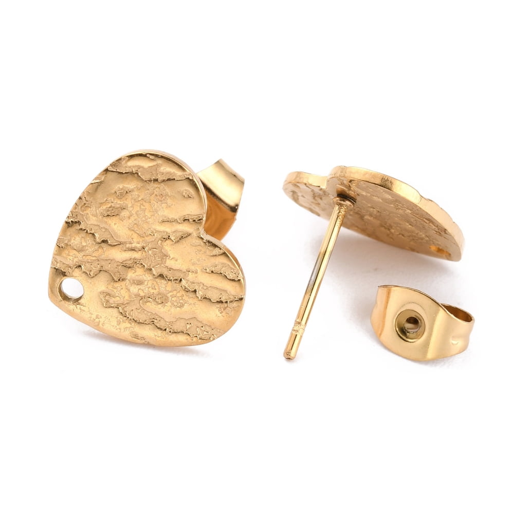 100pcs Ion Plating(IP) 304 Stainless Steel Stud Earring Findings with Ear Nuts/Earring Backs and Hole Heart Shape with Textured Golden 12x13x1mm Pin: 0.8mm