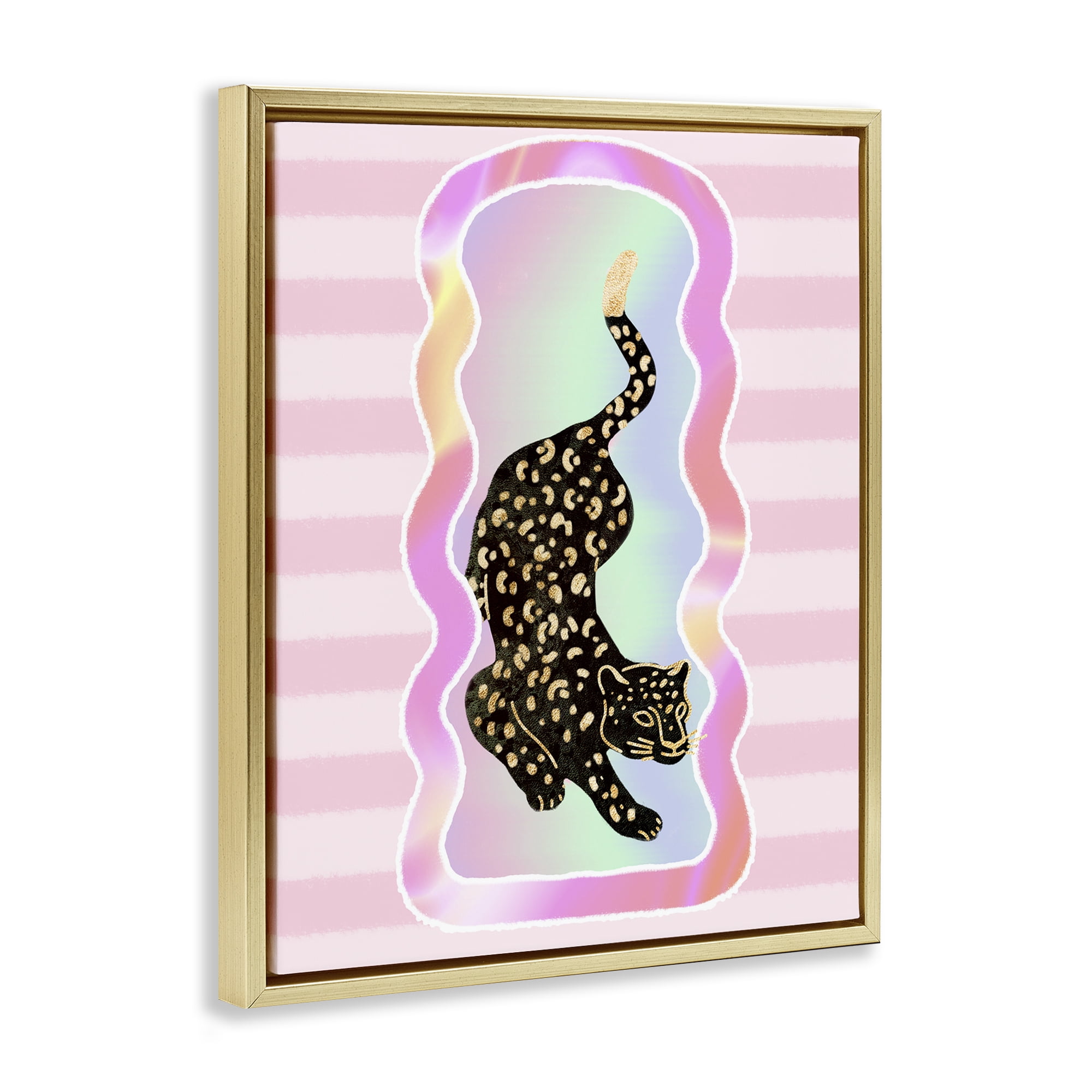 Stupell Industries Leopard & Pink Stripes Animals & Insects Painting Gold Floater Framed Canvas Art Print Wall Art, 17 x 21