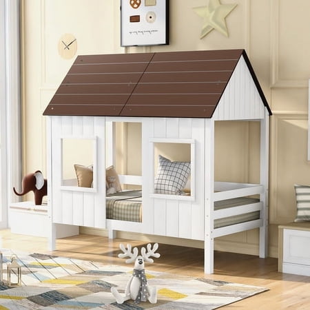 Twin House Bed for Kids Low Loft Bed Frames Twin Size Wood Toddler House Bed with Two Front Windows and Roof for Kids/Teens/Girls/Boys  White