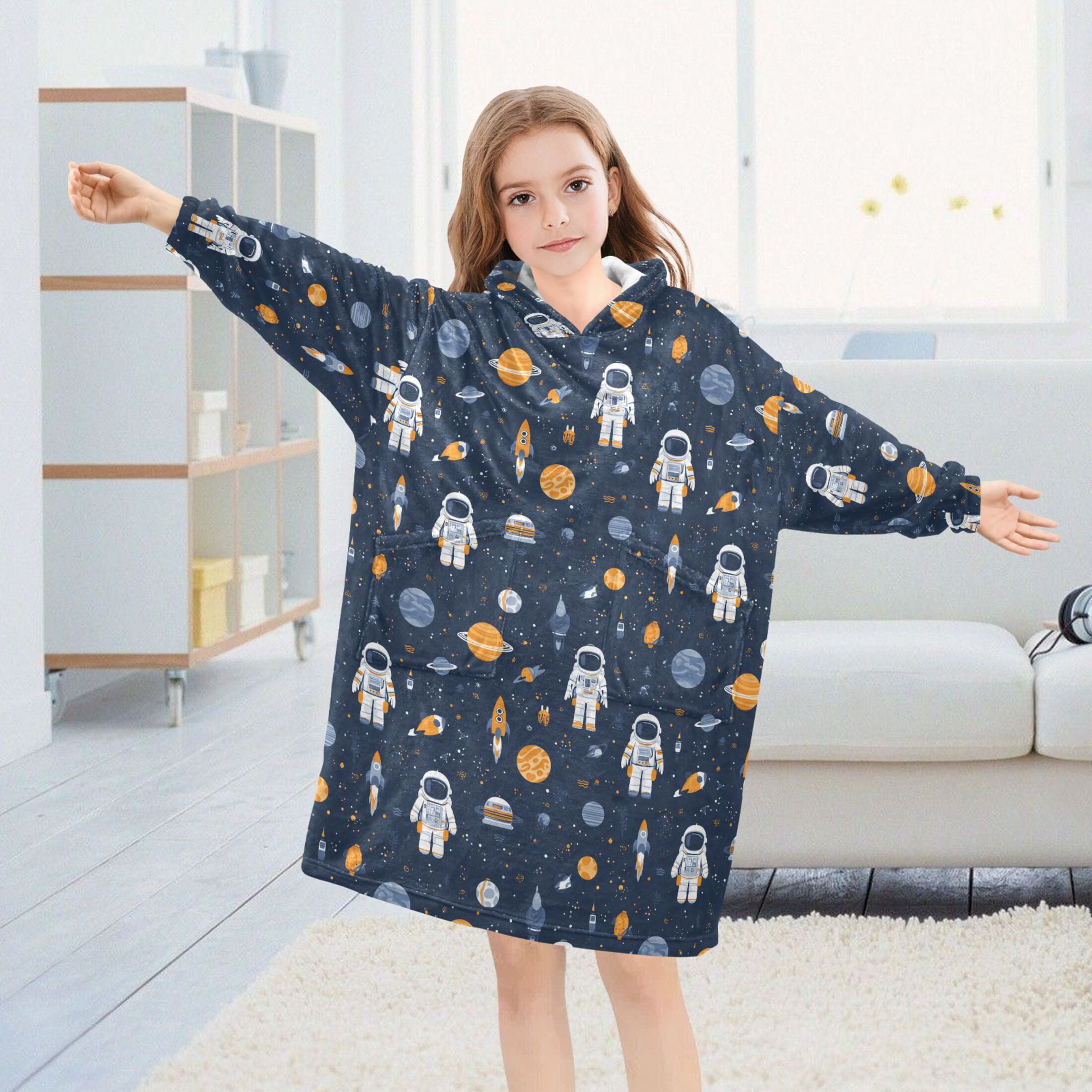 Wearable Blanket Hoodie for Kids Astronaut Star Flannel Hooded Blanket with Pockets and Sleeves Suitable for Boys and Girls