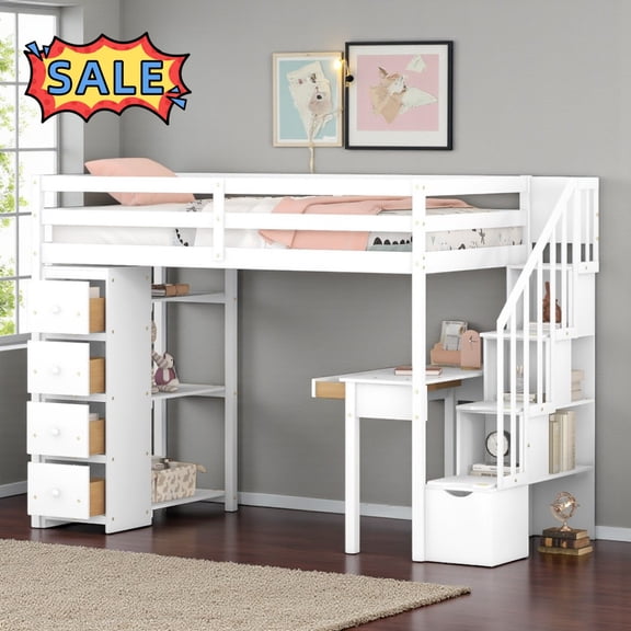 Tcbosik Twin Size Loft Bed with Desk and Storage Stairs, Shelves and Drawers, Wood Bed Frame with Full Length Guardrail, Easy Assembly, White