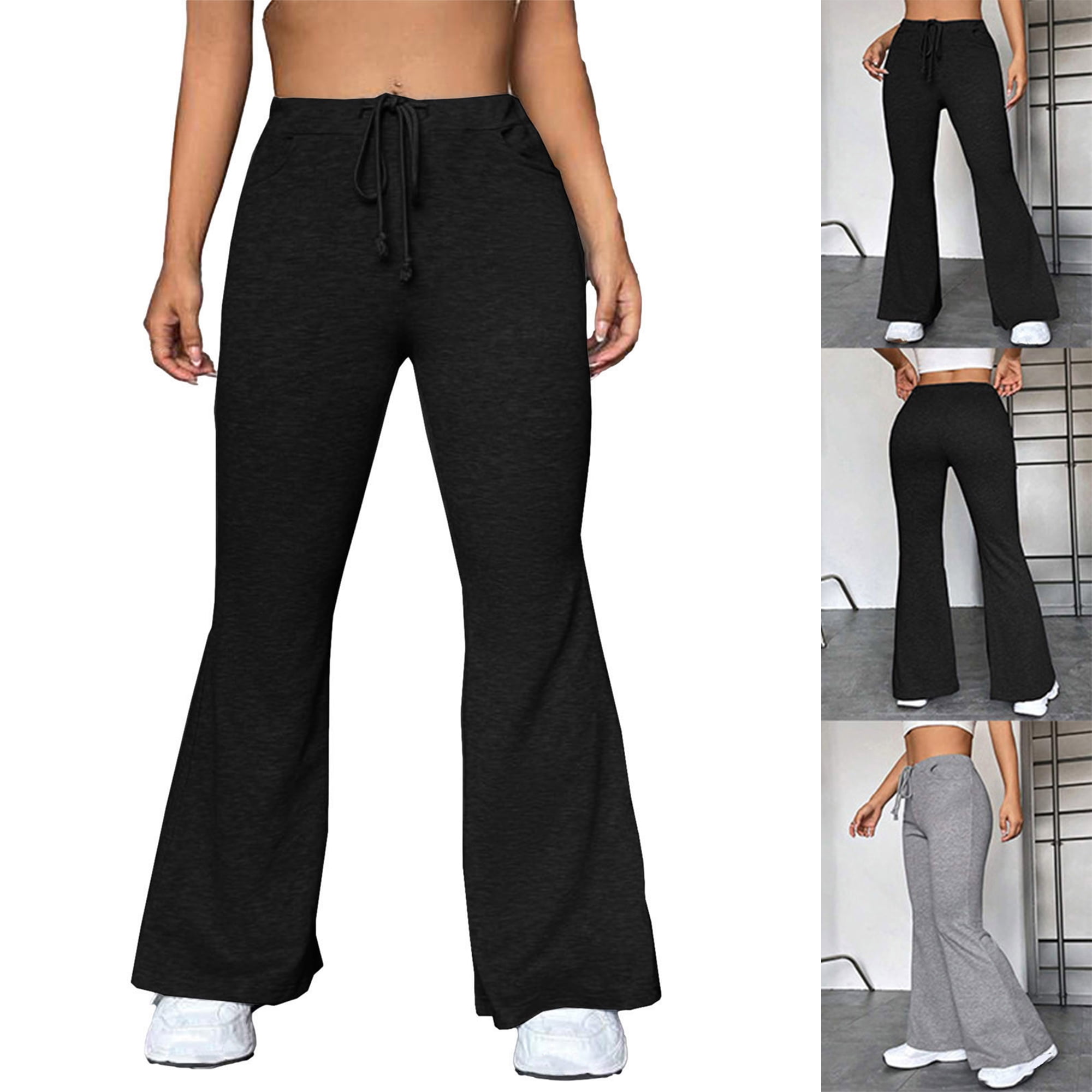 Smsaxvxz Yoga Sweatpants for Women Soft Drawstring Elastic Waist Outdoor Casual Flared Trousers Black 3XL