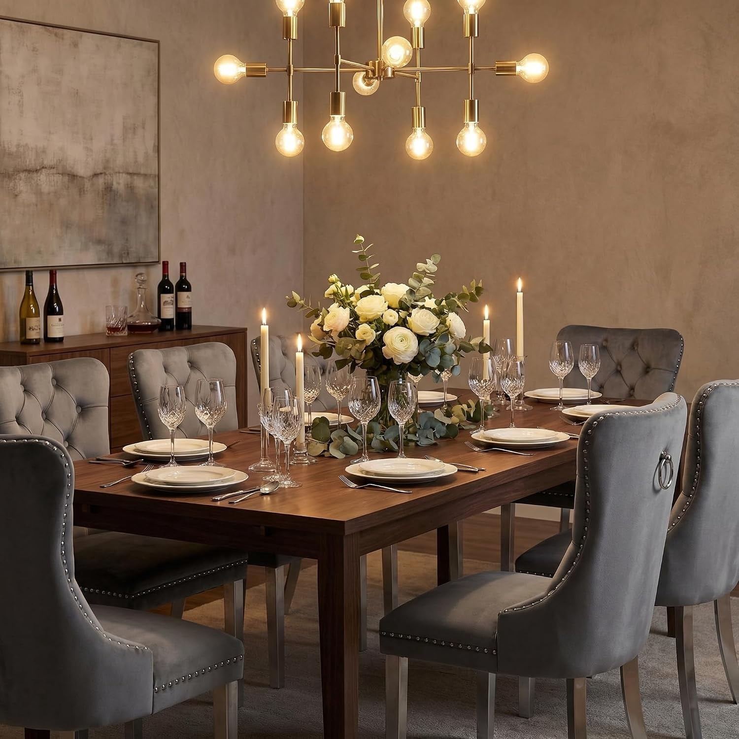 Collection Tufted Velvet Dining Chair, Nailhead Trim, Solid Wood Legs, Set of 2