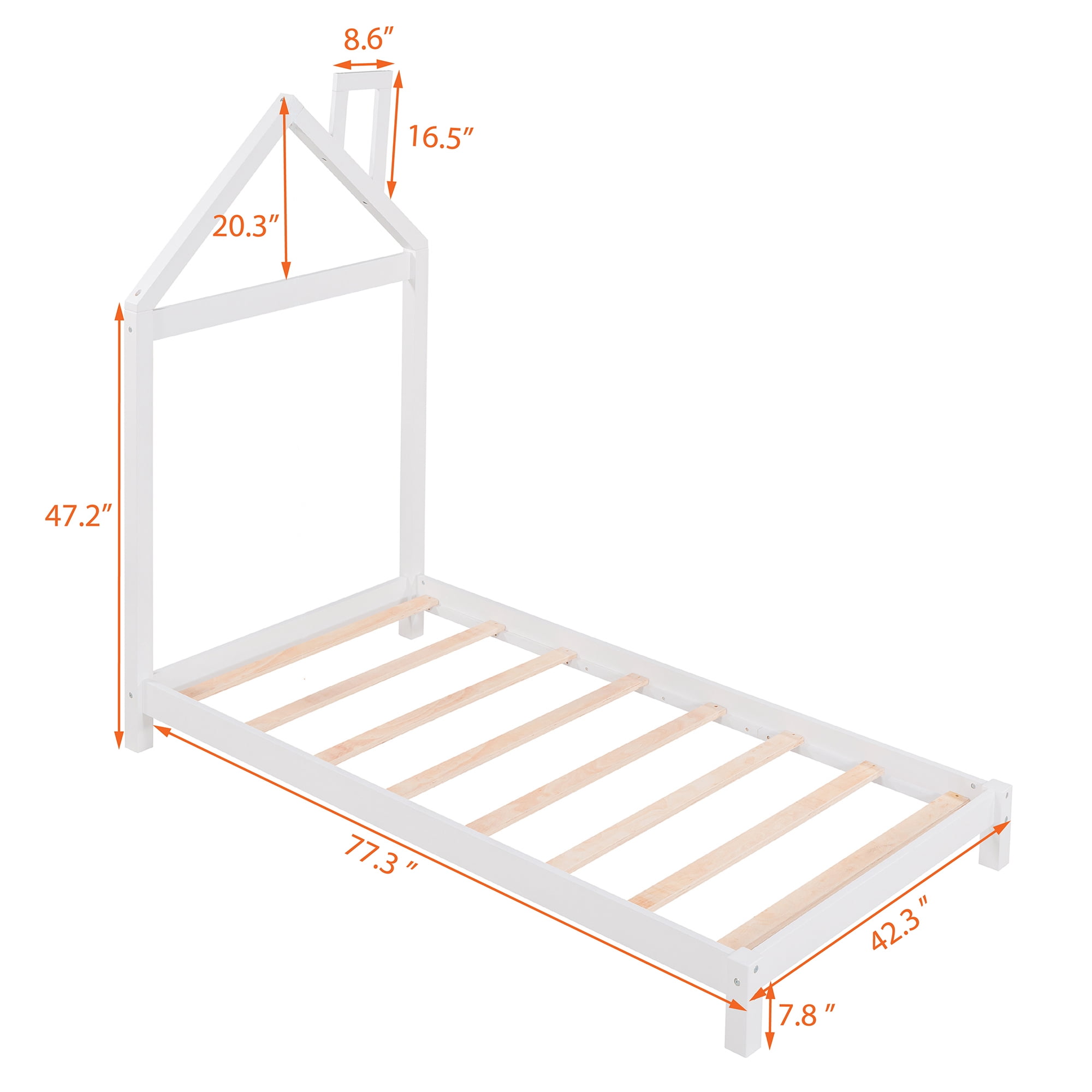 Aukfa Twin House Bed for Kids, Wood Platform Bed, Low Profile - White