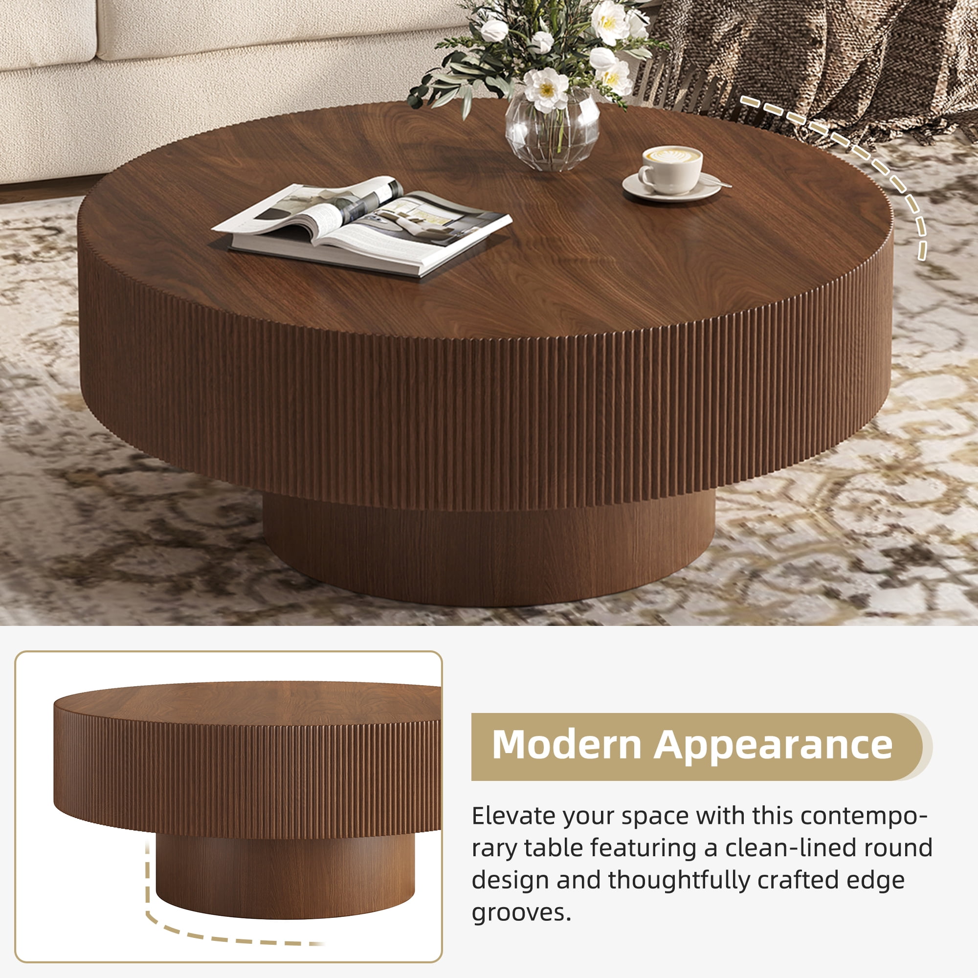 Euroco Elegant Easy Assembly Round Coffee Table with 6.8" Thick Tabletop, Modern Drum End Table, Minimalist Fluted Center Table with Sturdy Base for Living Room, Walnut, 31.5"W*13.7"H
