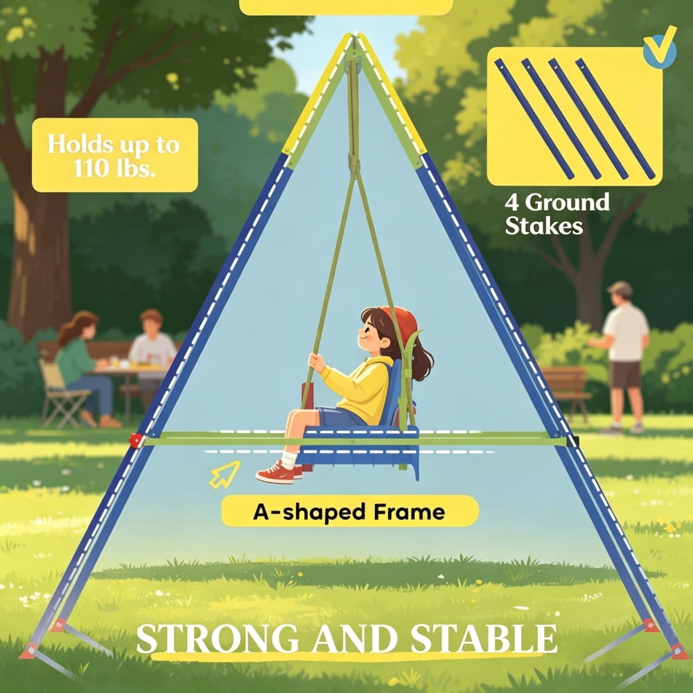 3-in-1 Kids Swing, Adjustable Height A-Frame Swing Set, Foldable Metal Swing with Safety Belt for 9 Months-8 Years, Indoor Outdoor Garden Patio