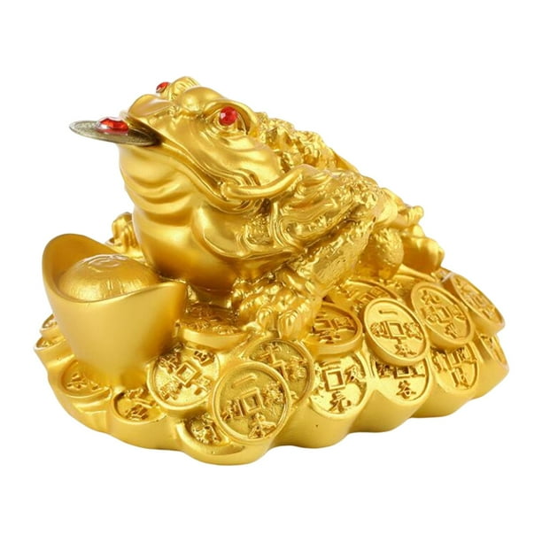 Figura de sapo de resina que atrae la fortuna y la buena suerte. Estatua de riqueza. Regalos de la suerte. Feng Shui. Dorado
