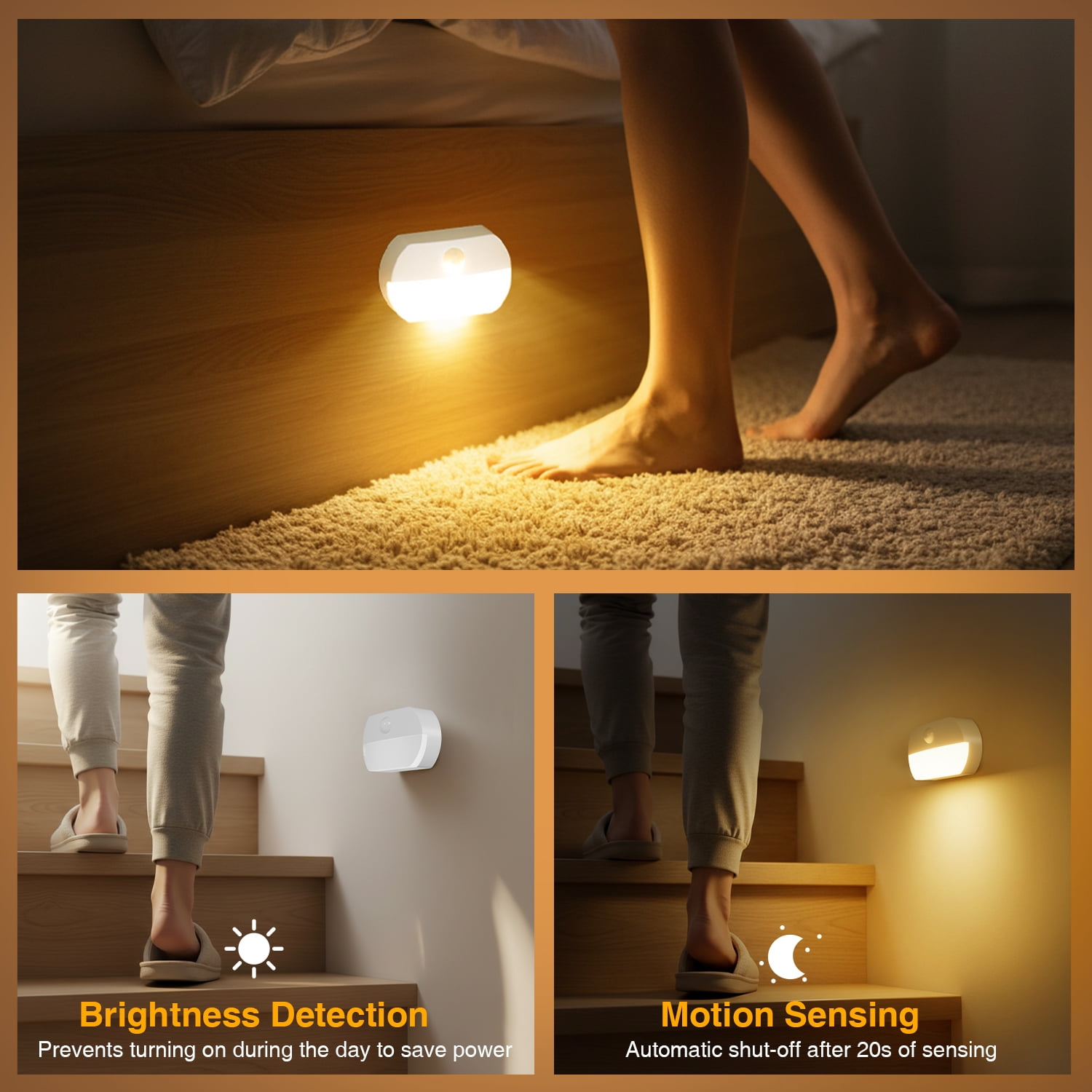 DAYBETTER Motion Sensor Lights Indoor, Battery Operated Stair Lights, Warm White Stick on Anywhere Hallway Lamp, Portable Led Night Lights for Bedroom Under Cabinet Kitchen, 3 Pack