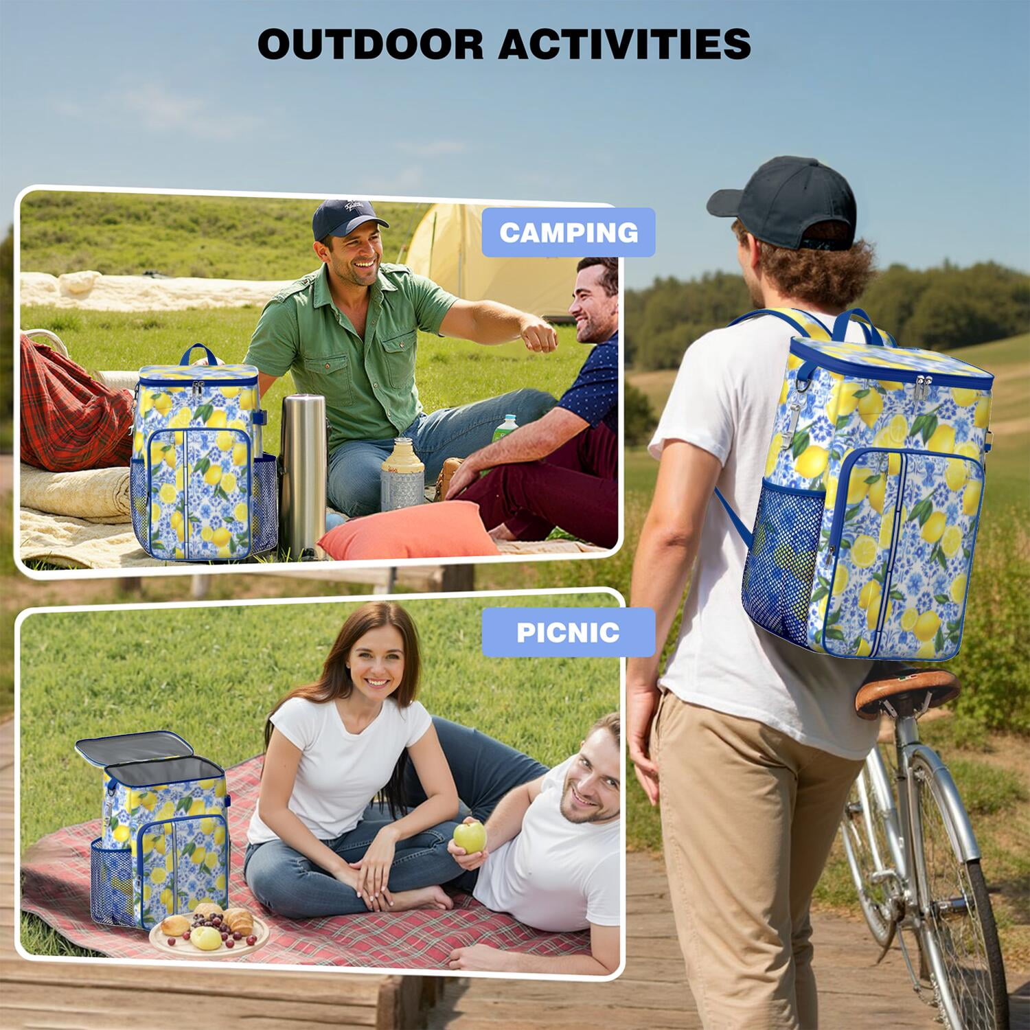 Travel Cooler Bag - Lemon Camping Beer Cooler Backpack with Bottle Opener- Waterproof Insulated Picnic Backpacks - Cooler Bag for Beach