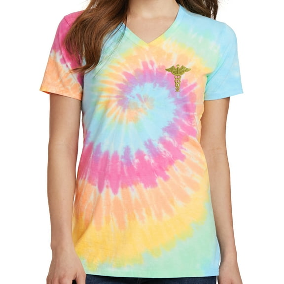 Womens Caduceus Patch Medical Tie Dye Tee - Pastel Rainbow, XL