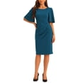 thumbnail image 2 of INSPIRE CHIC Robe Fourreau Élégante pour Femme à Col Rond Froncée à Manches Courtes Évasées Robe Crayon Bleu Lac TP, 2 of 5