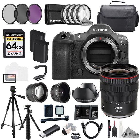 Canon EOS R5 II Camera   14-35mm f/4 L IS USM Lens 64GB Ext Bat 9 PC Filter-MEGA Kit (International Version)