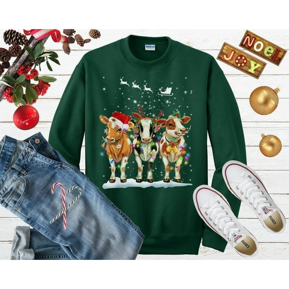 Cow Christmas Lights Christmas Sweater Funny Christmas Shirt Cow Holiday Sweater Cow Lover Xmas Gift Farm Christmas Sweatshirt