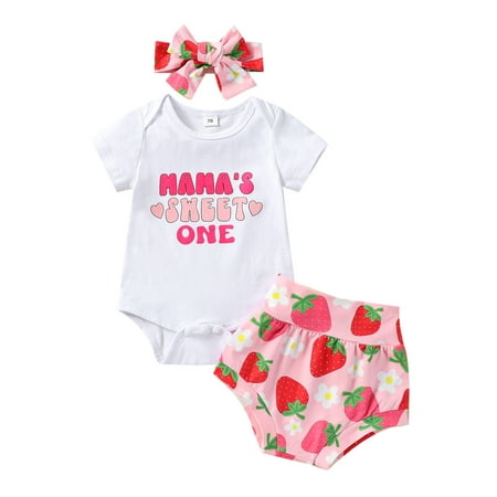 

CenturyX Kid Baby Girls Summer Suit Casual Short Sleeves Romper Tops Strawberry Shorts Headband Outfits Set