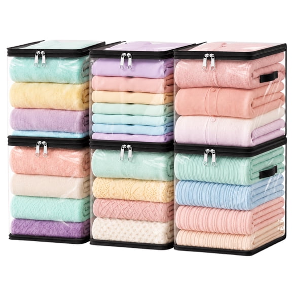 PinkSheep Clear Clothes Storage Bags,6 Pack Blankets Storage with Zipper,11" Foldable Moving Bags,Collapsible Storage Container for Blankets Bed Sheet Sweater
