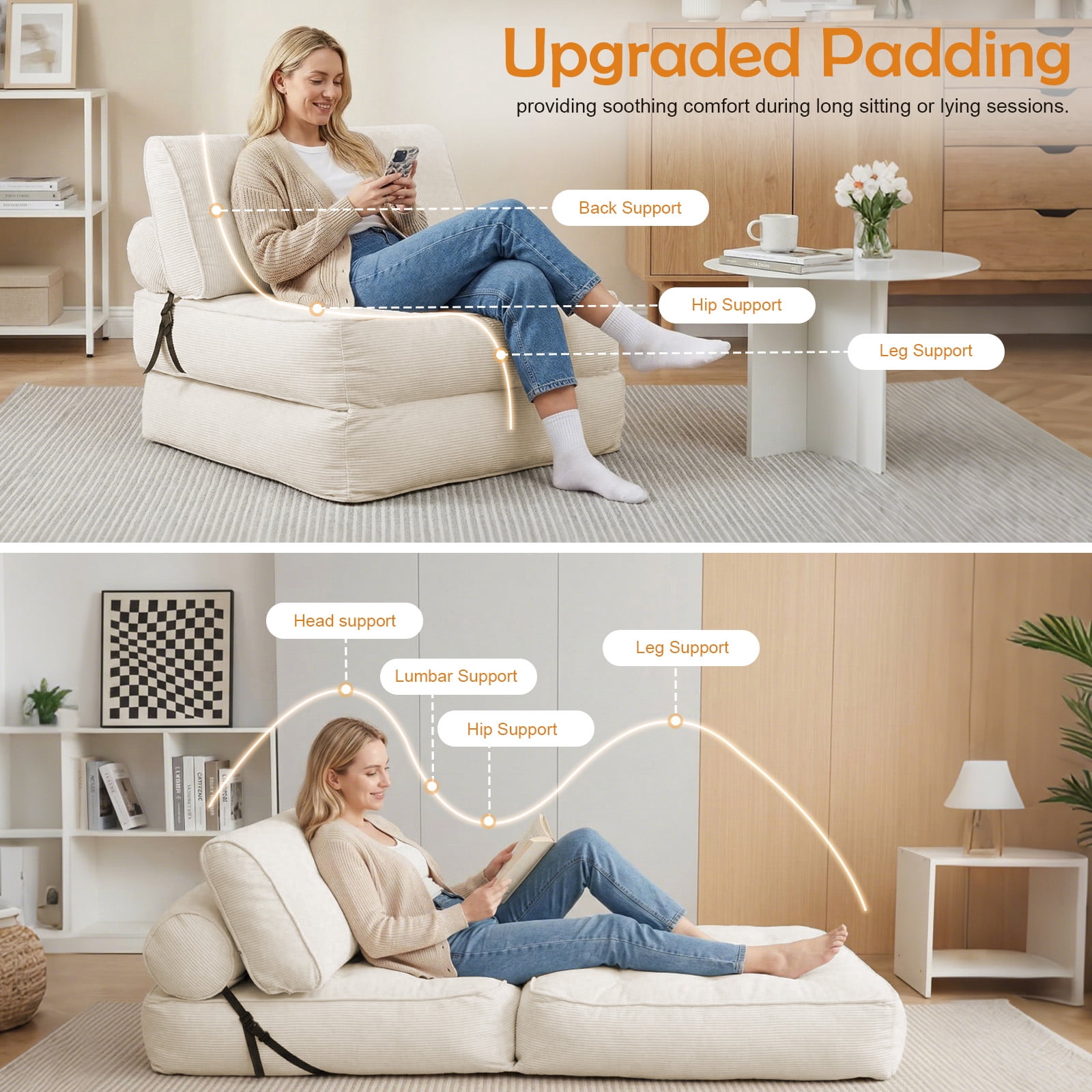 CATGOOD 78" Single Sofa Bed with Pillow, Convertible Sleeper Sofa for Small Spaces, Portable Boneless Small Couch Comfy Floor Sofa Lounge Chair for Living Room, Bedroom, Beige, White