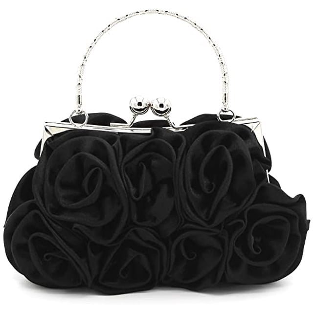 Bolso de noche de satén con flores para mujer, bolsos de boda, regalo para mamá, bolsos de moda para novia en fiesta de noche, negro oso de fresa Juguete