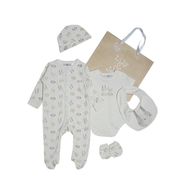 Lily and Jack Snow Rabbit 5-Piece Layette Set – 100% Cotton Baby Essentials, Sleepsuit, Bodysuit & More – Adorable & Comfortable Gift for Baby Boys & Girls
