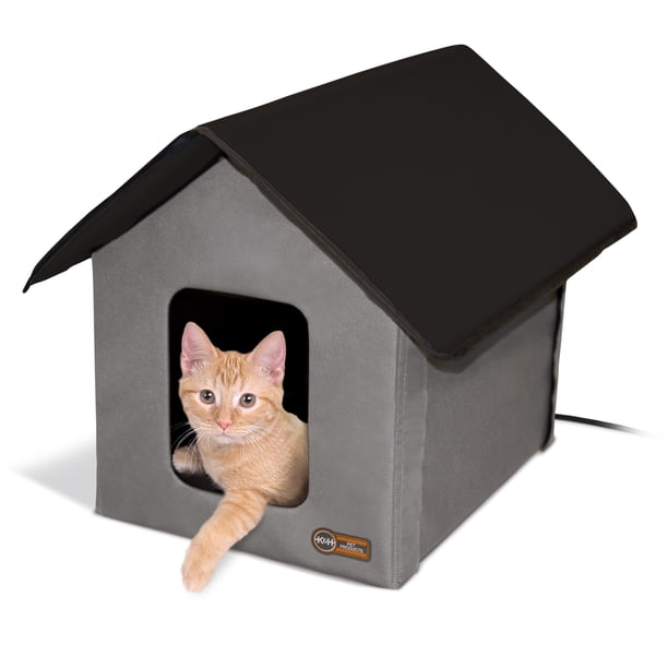 K&H Pet Products Outdoor Heated Kitty House, Grey/Black, 18" x 22" x 17