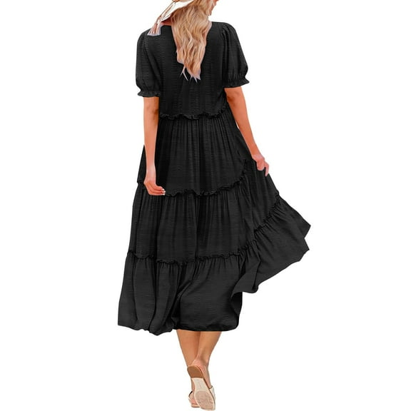 Women's Casual Solid Color Bohemia Midi Dress Puffy Short Sleeve Crew Neck Smocked Tiered Ruffle Flowy Dresses