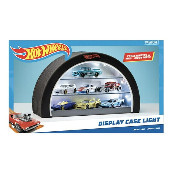 Hot Wheels Vitrine Lumineuse - Marchandise sous Licence Officielle Mattel, Vitrine pour 8 Voitures, Murale en Forme de Roue, Mobile Ou Autoportante, Cadeau pour Collectionneurs
