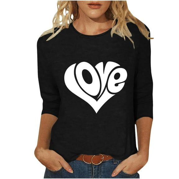 Love Heart Graphic Tshirts Womens Valentine's Cute 3/4 Sleeve Tops Valentines Crewneck Tee Shirts