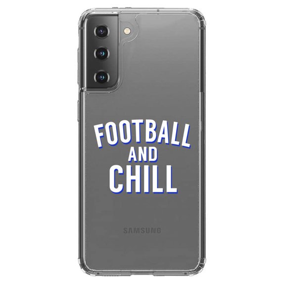 DistinctInk Clear Shockproof Hybrid Case for Galaxy S21 5G (6.2" Screen) - TPU Bumper Acrylic Back Tempered Glass Screen Protector - Football and Chill