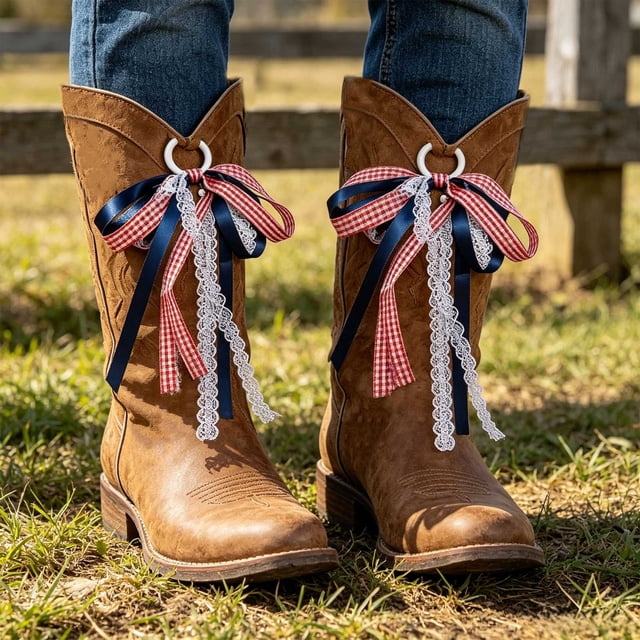 Juego de 2 decoraciones para botas vaqueras con cordón, plumas, cintas de satén y lazos elásticos, ideal para bodas, rodeos y eventos temáticos.